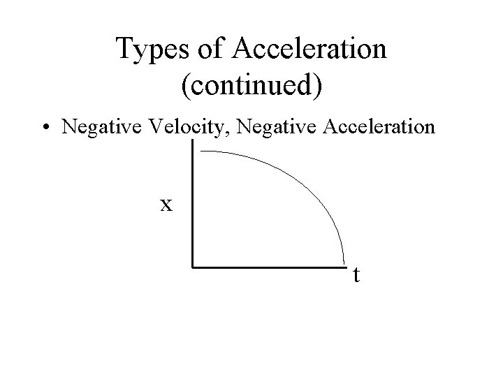 Types of Acceleration (continued) • Negative Velocity, Negative Acceleration x t 