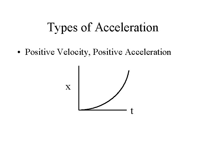 Types of Acceleration • Positive Velocity, Positive Acceleration x t 