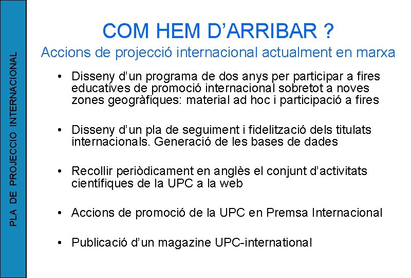 PLA DE PROJECCIO INTERNACIONAL COM HEM D’ARRIBAR ? Accions de projecció internacional actualment en