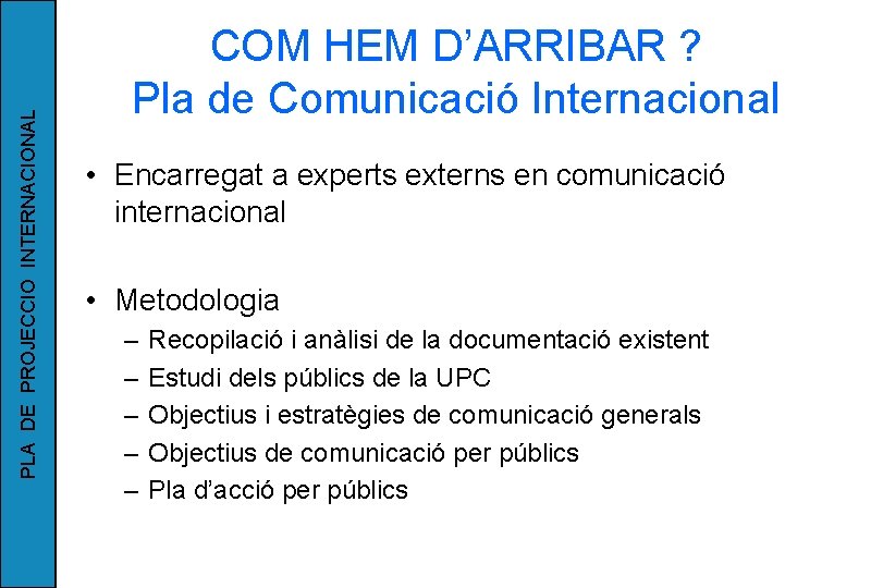 PLA DE PROJECCIO INTERNACIONAL COM HEM D’ARRIBAR ? Pla de Comunicació Internacional • Encarregat