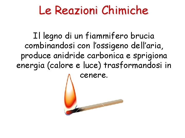 Le Reazioni Chimiche Il legno di un fiammifero brucia combinandosi con l’ossigeno dell’aria, produce