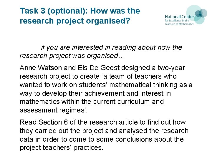 Task 3 (optional): How was the research project organised? if you are interested in