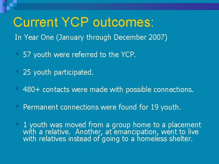 Current YCP outcomes: In Year One (January through December 2007) § 57 youth were Current YCP outcomes: In Year One (January through December 2007) § 57 youth were