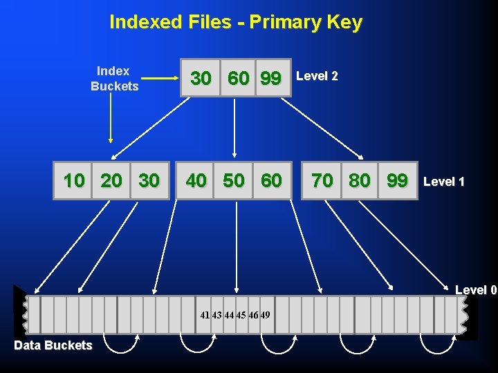 Indexed Files - Primary Key Index Buckets 30 60 99 10 20 30 40