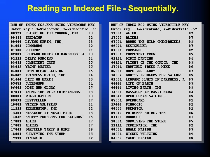 Reading an Indexed File - Sequentially. RUN OF INDEX-EG 2. EXE USING VIDEOCODE KEY
