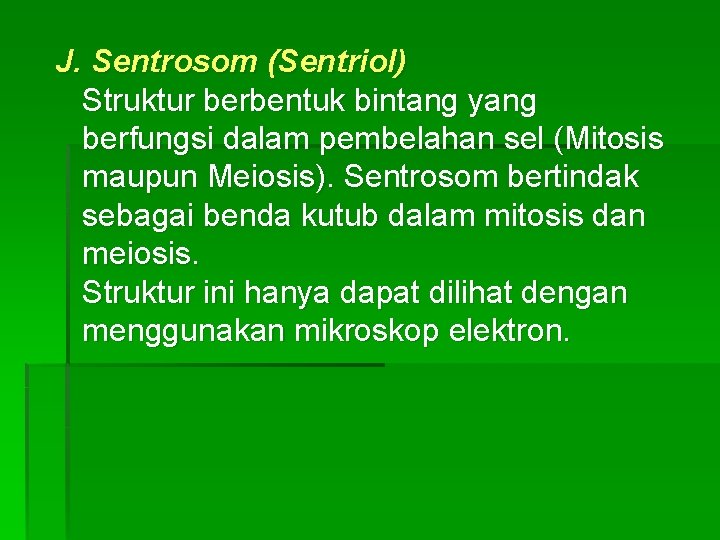 J. Sentrosom (Sentriol) Struktur berbentuk bintang yang berfungsi dalam pembelahan sel (Mitosis maupun Meiosis).