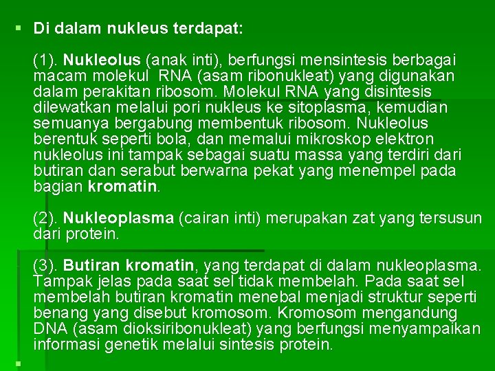 § Di dalam nukleus terdapat: (1). Nukleolus (anak inti), berfungsi mensintesis berbagai macam molekul