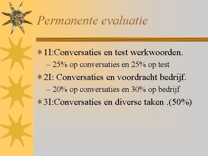 Permanente evaluatie ¬ 1 I: Conversaties en test werkwoorden. – 25% op conversaties en