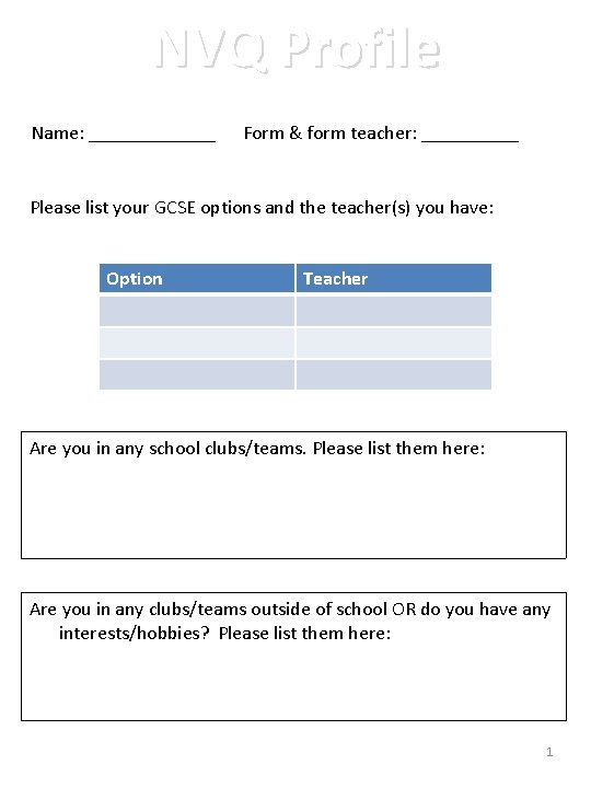 NVQ Profile Name: _______ Form & form teacher: _____ Please list your GCSE options