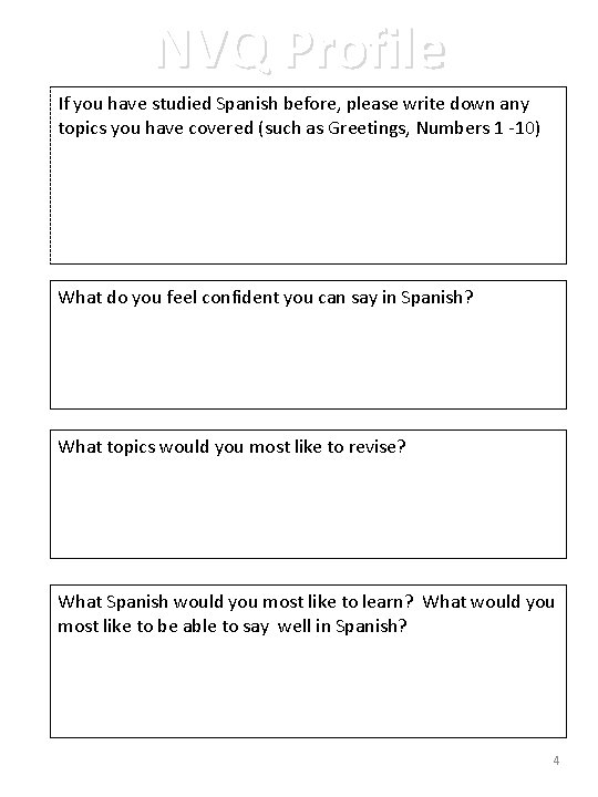 NVQ Profile If you have studied Spanish before, please write down any topics you