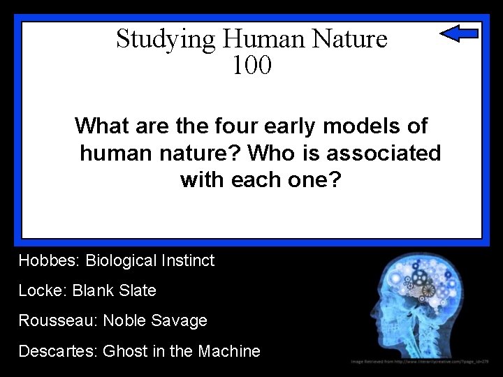 Studying Human Nature 100 What are the four early models of human nature? Who