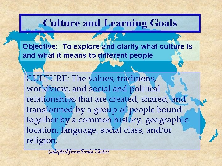 Culture and Learning Goals Objective: To explore and clarify what culture is and what