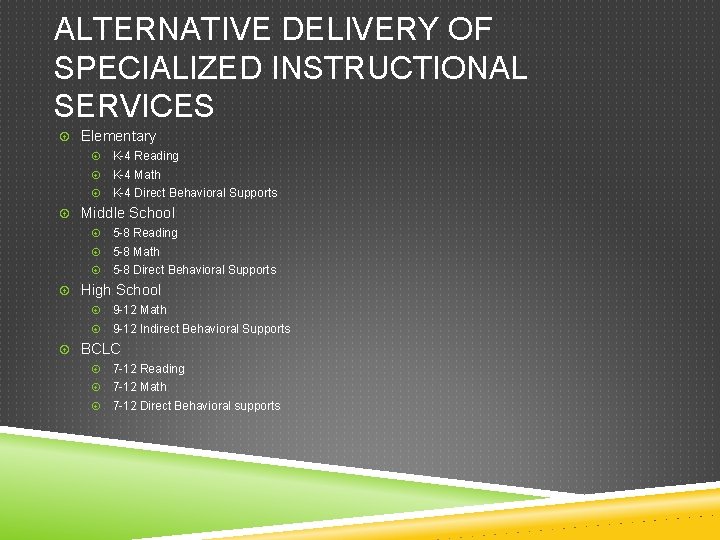 ALTERNATIVE DELIVERY OF SPECIALIZED INSTRUCTIONAL SERVICES Elementary K-4 Reading K-4 Math K-4 Direct Behavioral