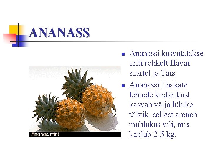 ANANASS n n Ananassi kasvatatakse eriti rohkelt Havai saartel ja Tais. Ananassi lihakate lehtede
