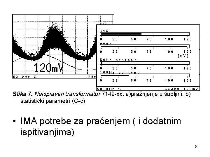 Slika 7. Neispravan transformator 7149 -xx. a)pražnjenje u šupljini. b) statistički parametri (C-c) •