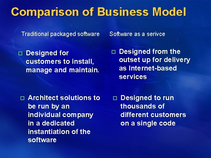 Comparison of Business Model Traditional packaged software o o Designed for customers to install,