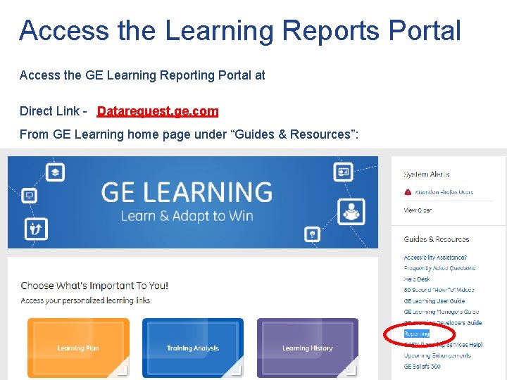 Access the Learning Reports Portal Access the GE Learning Reporting Portal at Direct Link