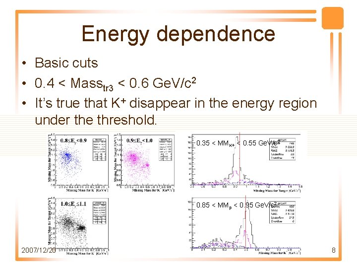 Energy dependence • Basic cuts • 0. 4 < Masstr 3 < 0. 6