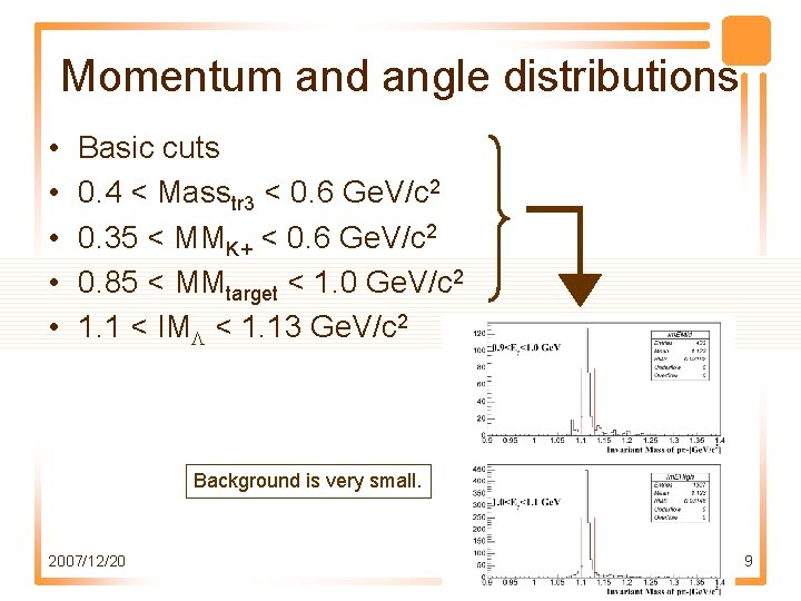 Momentum and angle distributions • • • Basic cuts 0. 4 < Masstr 3