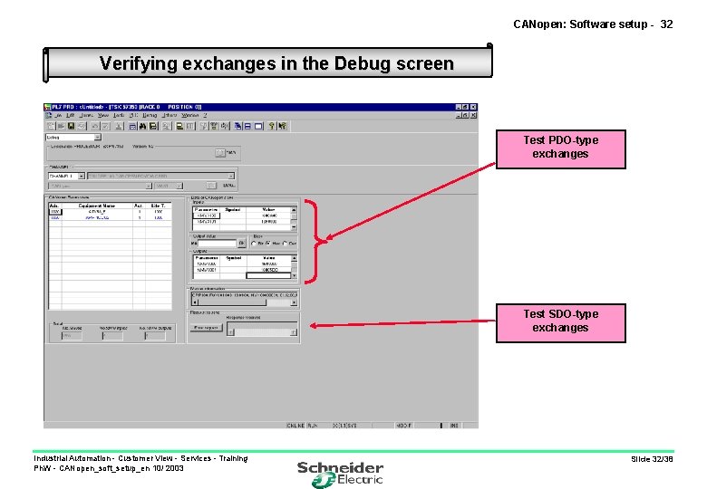 CANopen: Software setup - 32 Verifying exchanges in the Debug screen Test PDO-type exchanges