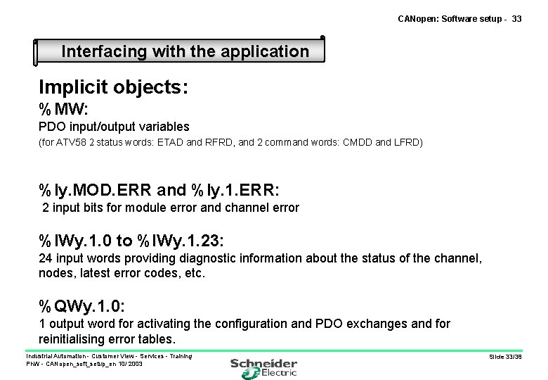 CANopen: Software setup - 33 Interfacing with the application Implicit objects: %MW: PDO input/output