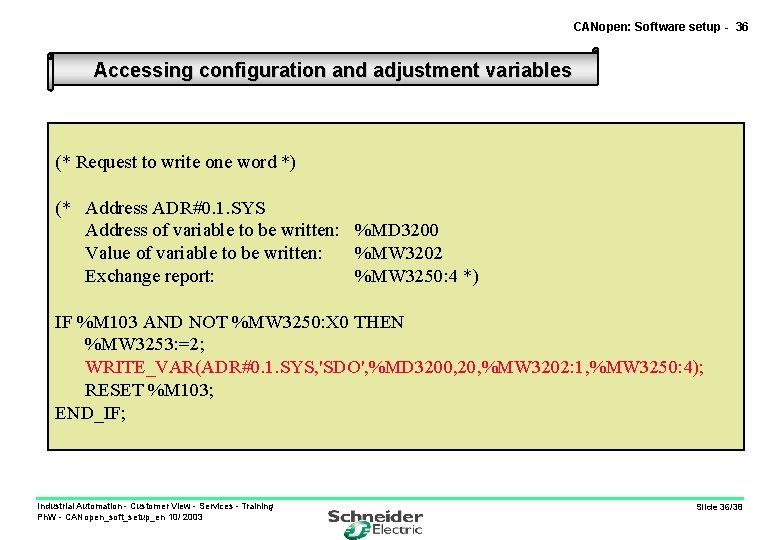 CANopen: Software setup - 36 Accessing configuration and adjustment variables (* Request to write