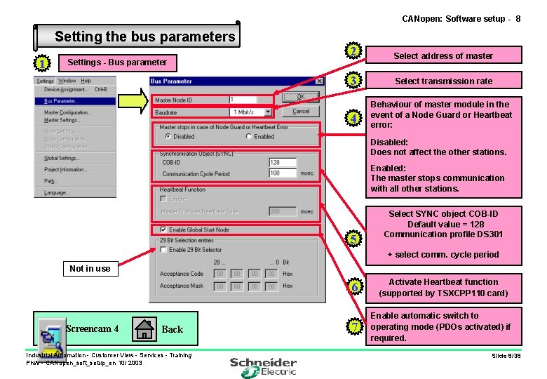 CANopen: Software setup - 8 Setting the bus parameters 1 Settings - Bus parameter