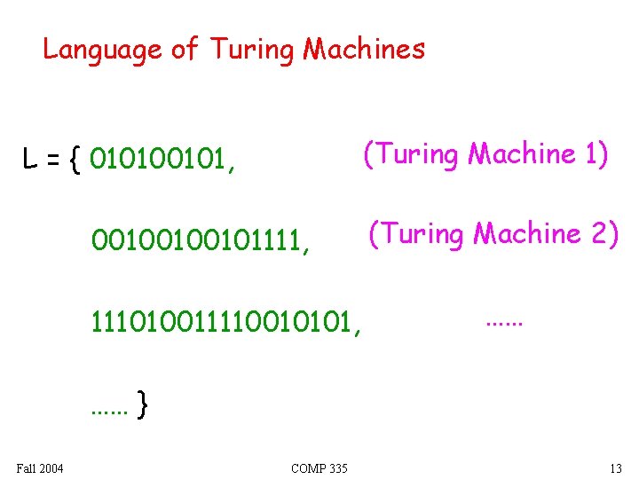 Language of Turing Machines (Turing Machine 1) L = { 010100101, 00100100101111, 111010011110010101, (Turing