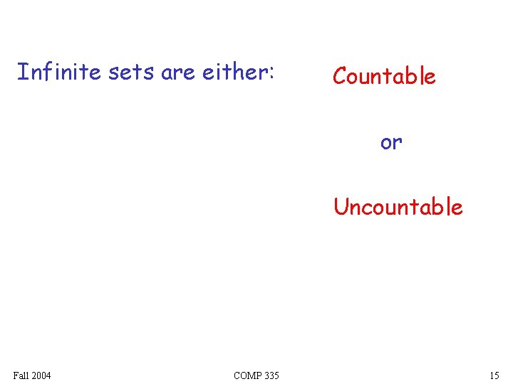 Infinite sets are either: Countable or Uncountable Fall 2004 COMP 335 15 