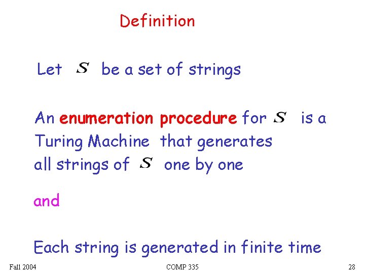 Definition Let be a set of strings An enumeration procedure for Turing Machine that