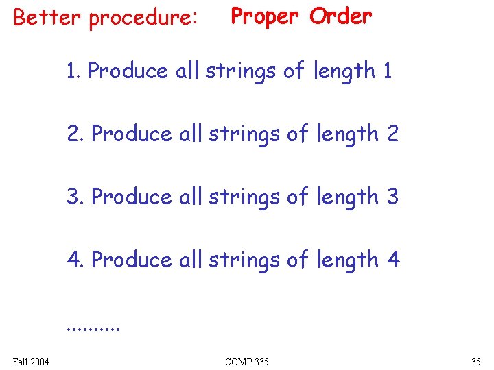 Better procedure: Proper Order 1. Produce all strings of length 1 2. Produce all