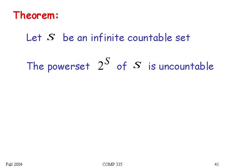 Theorem: Let be an infinite countable set The powerset Fall 2004 of COMP 335