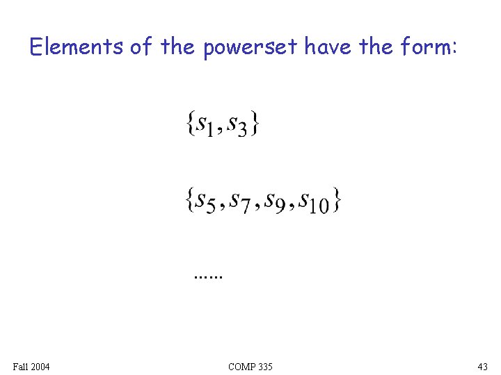 Elements of the powerset have the form: …… Fall 2004 COMP 335 43 