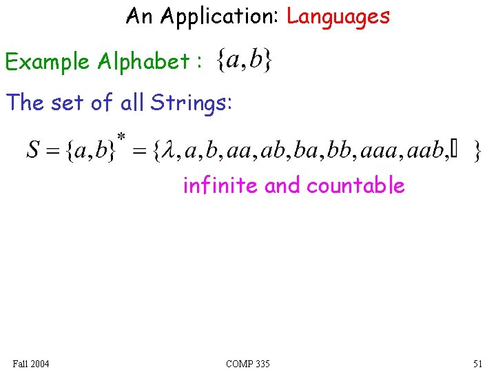 An Application: Languages Example Alphabet : The set of all Strings: infinite and countable