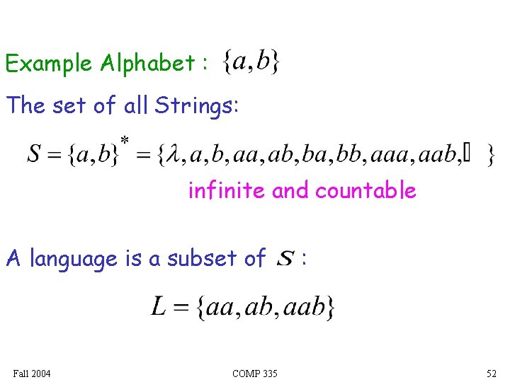 Example Alphabet : The set of all Strings: infinite and countable A language is