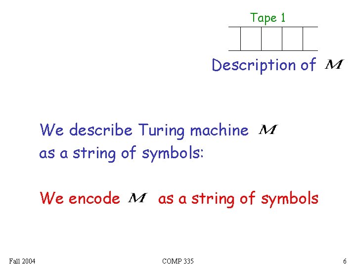 Tape 1 Description of We describe Turing machine as a string of symbols: We