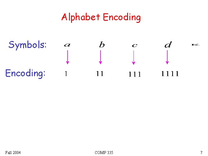 Alphabet Encoding Symbols: Encoding: Fall 2004 COMP 335 7 