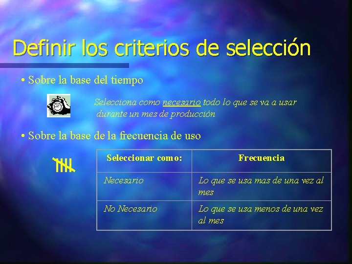 Definir los criterios de selección • Sobre la base del tiempo Selecciona como necesario