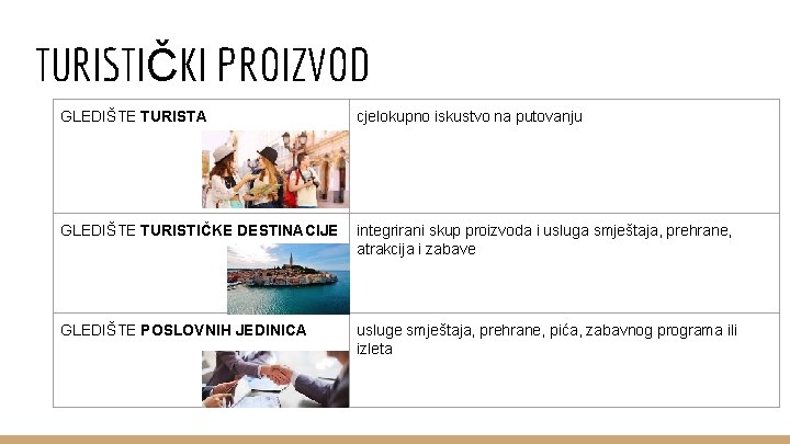 TURISTIČKI PROIZVOD GLEDIŠTE TURISTA cjelokupno iskustvo na putovanju GLEDIŠTE TURISTIČKE DESTINACIJE integrirani skup proizvoda