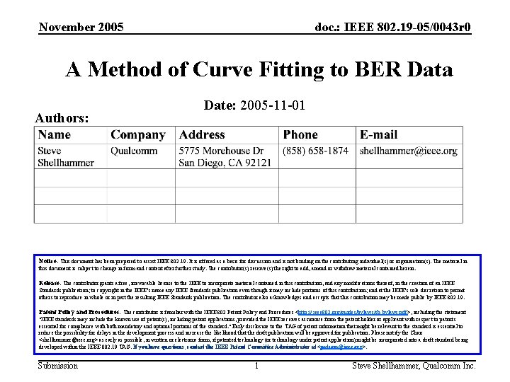 November 2005 doc. : IEEE 802. 19 -05/0043 r 0 A Method of Curve