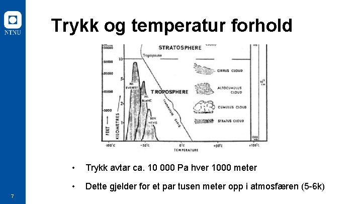 Trykk og temperatur forhold 7 • Trykk avtar ca. 10 000 Pa hver 1000