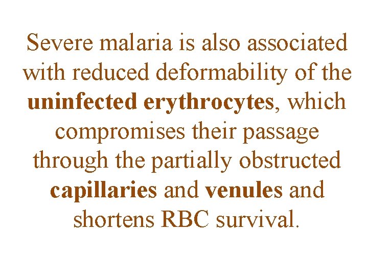 Severe malaria is also associated with reduced deformability of the uninfected erythrocytes, which compromises