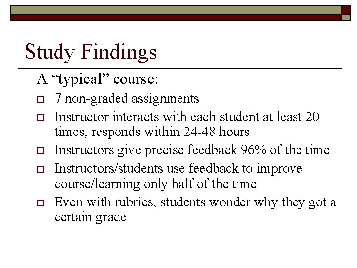 Study Findings A “typical” course: o o o 7 non-graded assignments Instructor interacts with