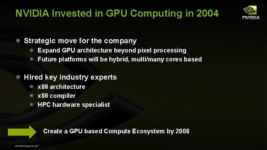 NVIDIA Invested in GPU Computing in 2004 Strategic move for the company Expand GPU NVIDIA Invested in GPU Computing in 2004 Strategic move for the company Expand GPU