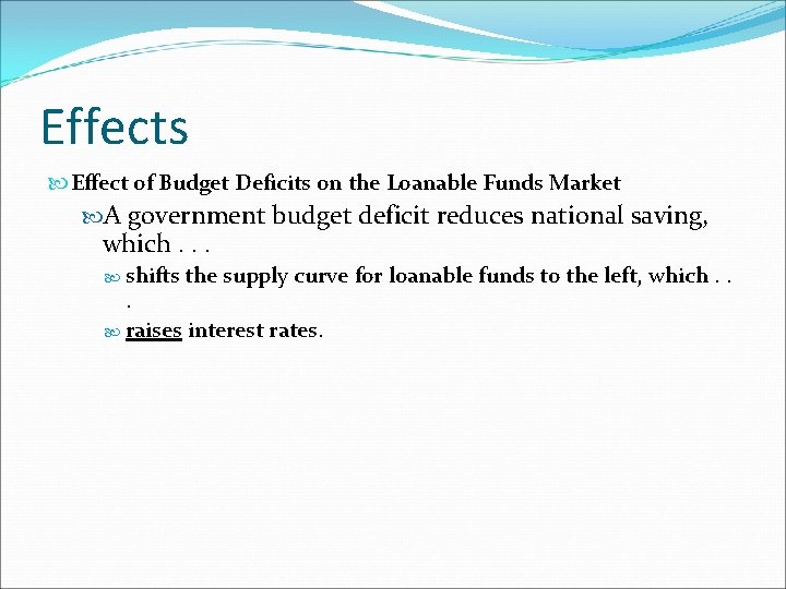 Effects Effect of Budget Deficits on the Loanable Funds Market A government budget deficit