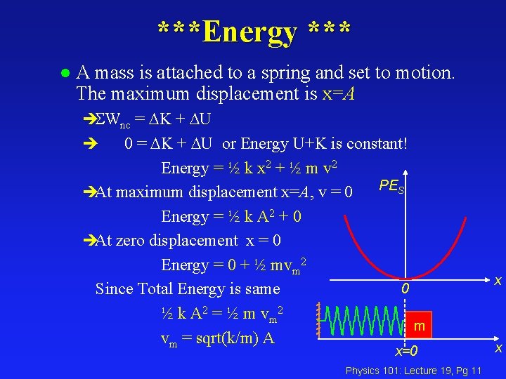 ***Energy *** l A mass is attached to a spring and set to motion.