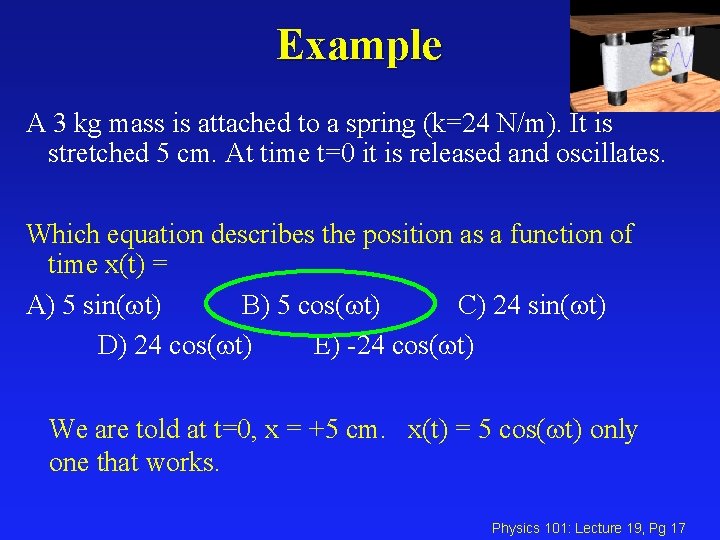 Example A 3 kg mass is attached to a spring (k=24 N/m). It is