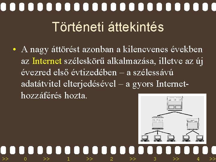 Történeti áttekintés • A nagy áttörést azonban a kilencvenes években az Internet széleskörű alkalmazása,