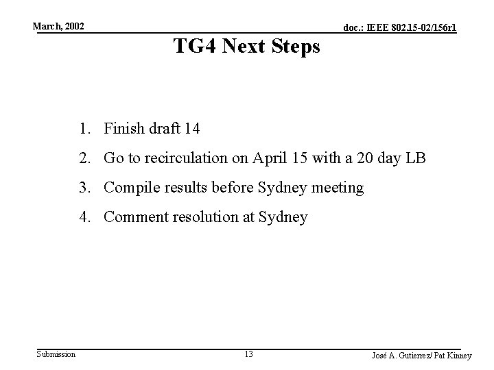 March, 2002 doc. : IEEE 802. 15 -02/156 r 1 TG 4 Next Steps