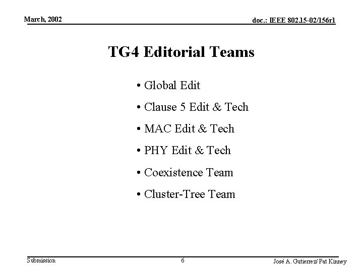March, 2002 doc. : IEEE 802. 15 -02/156 r 1 TG 4 Editorial Teams
